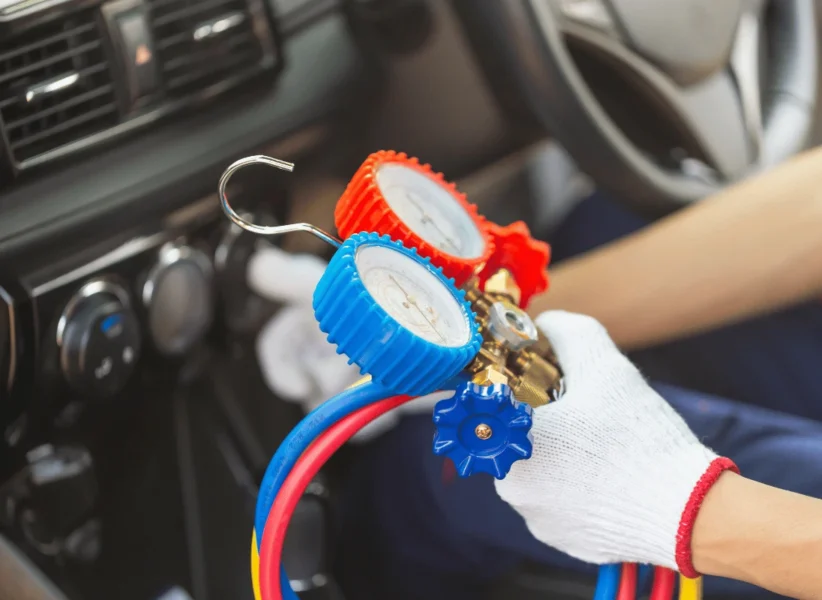 Technician checking car AC pressure with manifold gauge in Edmonton