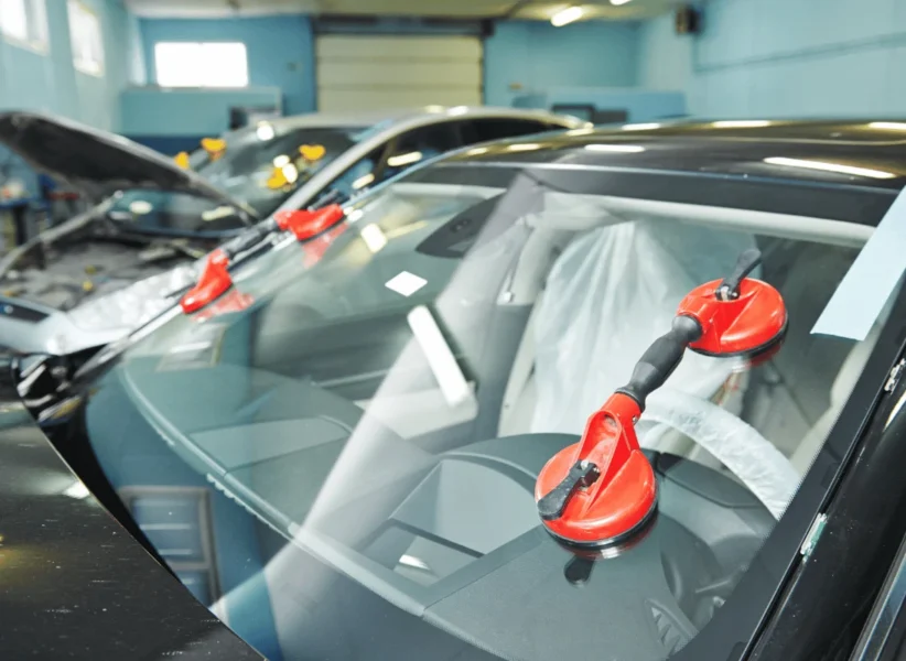 Technician replacing cracked windshield in Edmonton